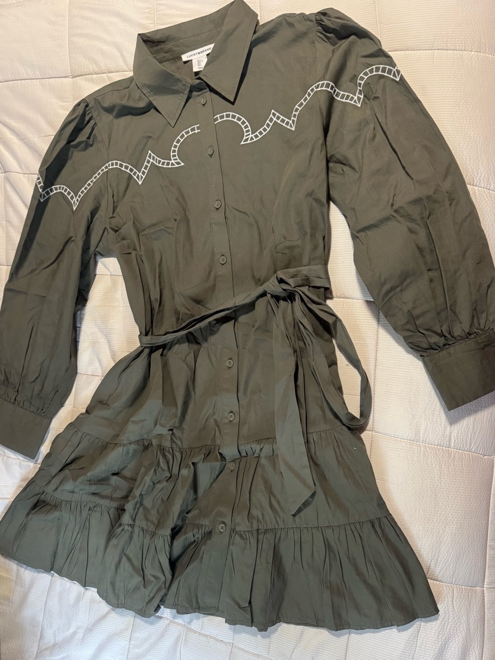 Lucky Brand Olive Green Tiered Trench Coat with White Trim